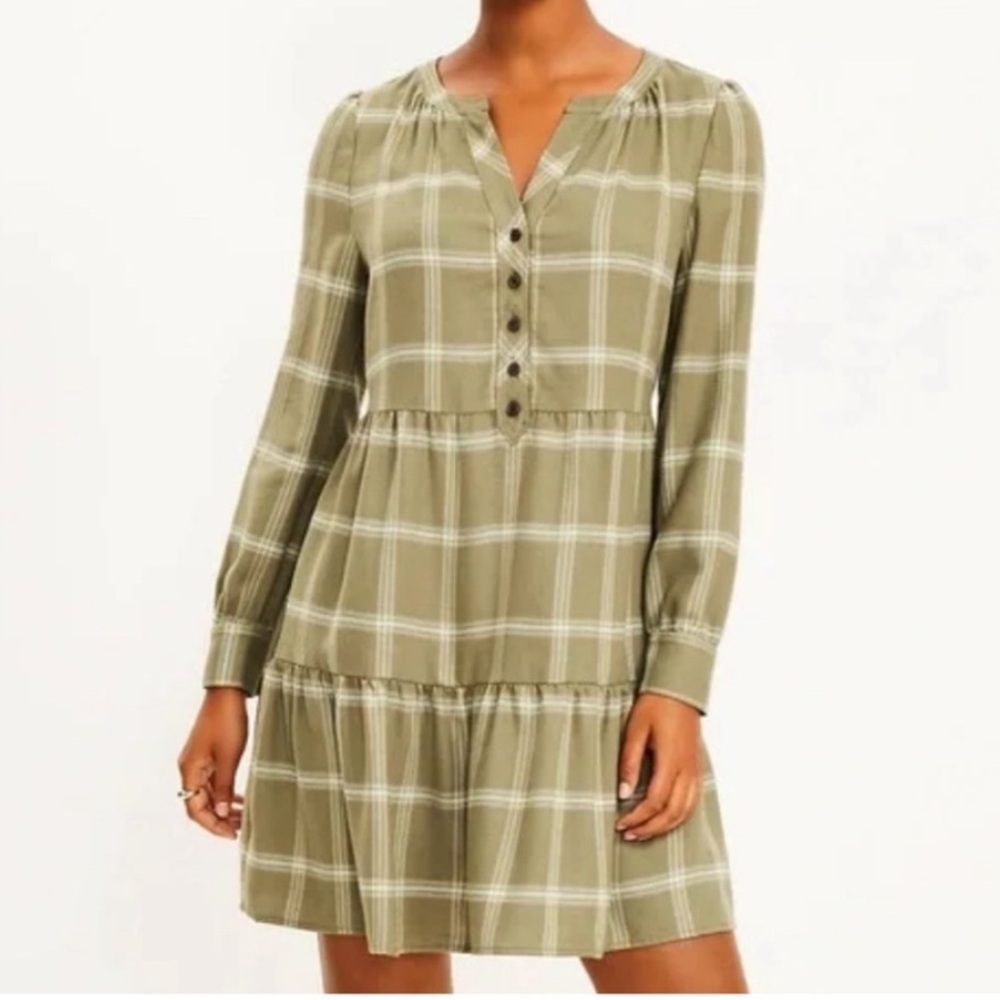 LOFT Tiered Plaid Long Sleeve Midi Dress Medium Sage